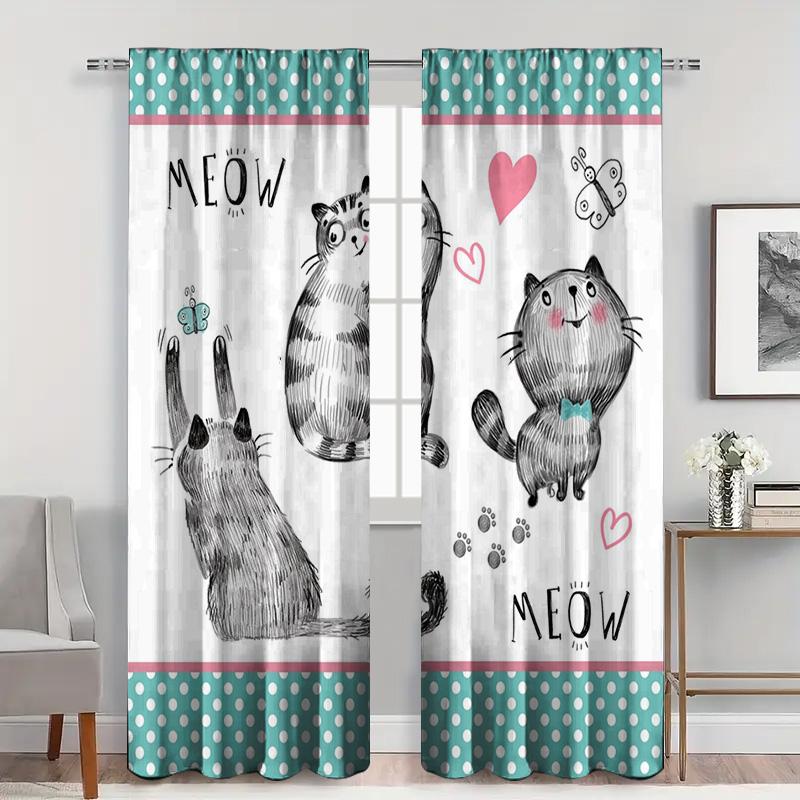 2Pc Cute Cat Curtains With Meow Print, Teal Polka Dot Borders,Whimsical Drapes For Kids Room,Nursery,Living Room & Bedroom Decor