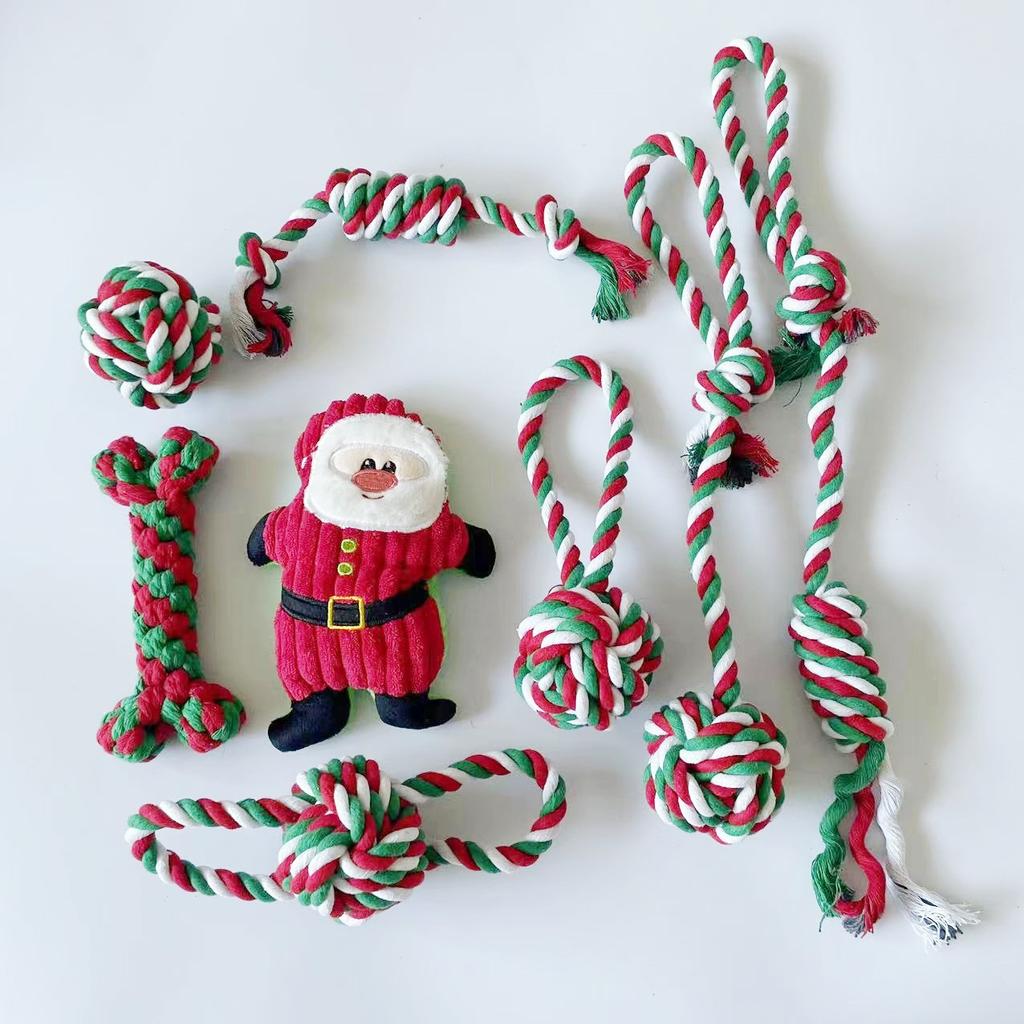 Christmas Dog Toy Set for Dogs - Cotton Rope Chew Toys, Squeaky Santa Plush, Safe, Durable, Teeth Cleaning Holiday Dog Gifts
