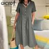 QICED Women Summer Casual Cotton V-Neck Short Sleeve Button Dress