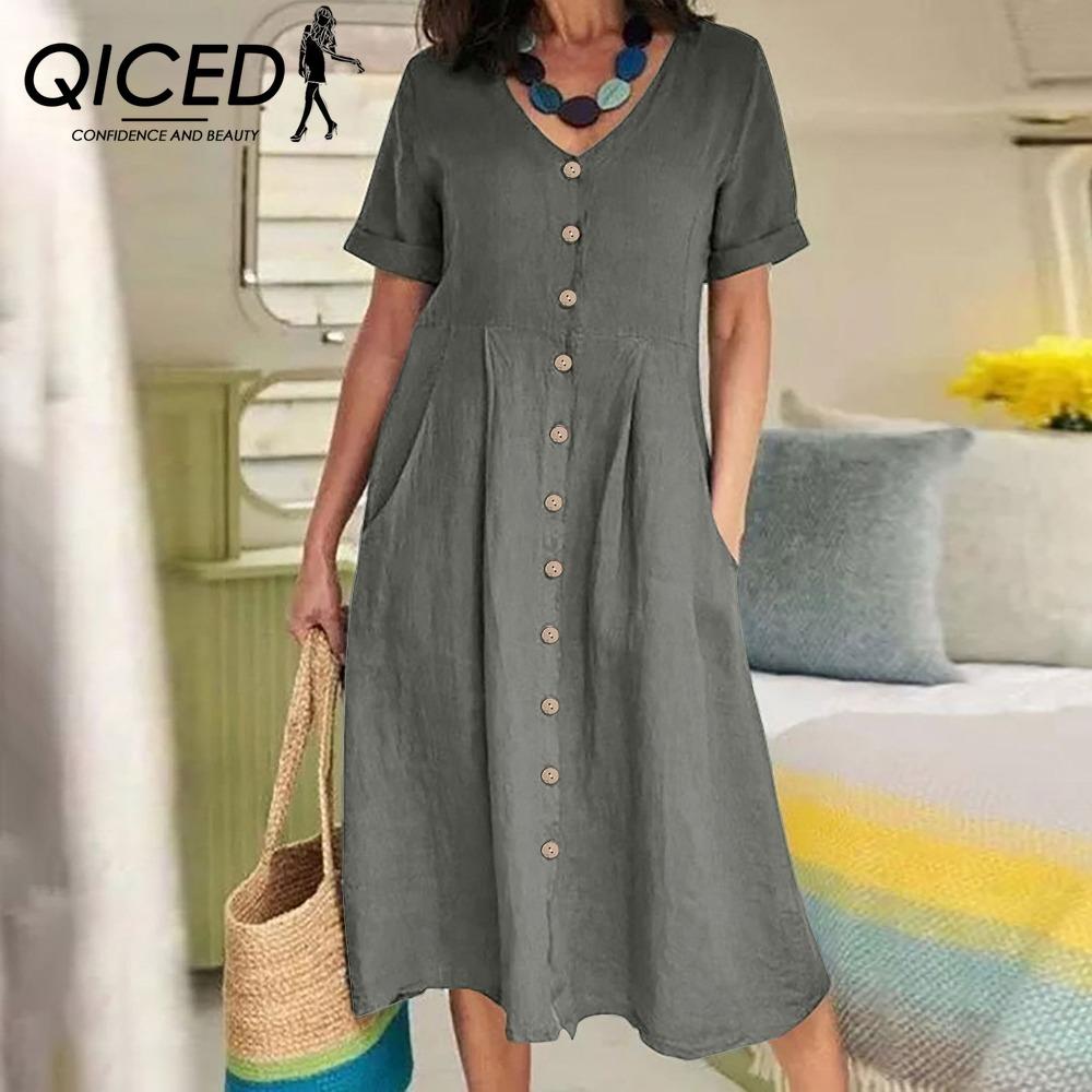 QICED Women Summer Casual Cotton V-Neck Short Sleeve Button Dress