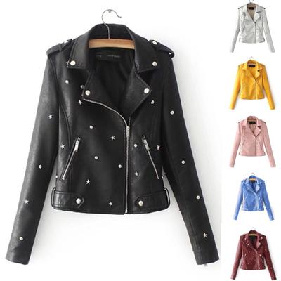 Womens Casual Solid Color Lapel Zipper Long Sleeve  Leather Jacket Coat