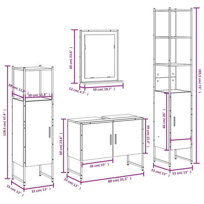 VidaXL Ensemble d’Armoires de Salle de Bain 4 pcs, Meuble-lavabo avec Étagère et Miroir, Armoire de Rangement de Toilette, 3214359