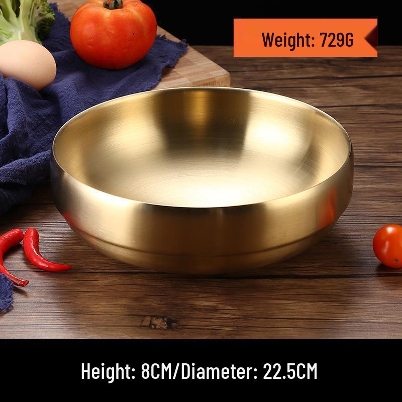 Golden Double-Layer Korean Cuisine Bowl - 304 Stainless Steel, Ideal for Rice, Soup, Kimchi, and Cold Noodles.