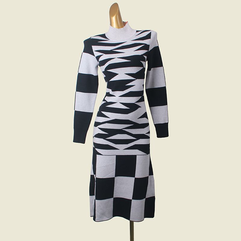 

Fashion Style Asymmetrical Geometric Embroider Long Dress Foreign Trade Original Order Stand Collar Hip Bag Elegant Knitting Dress Picture color M