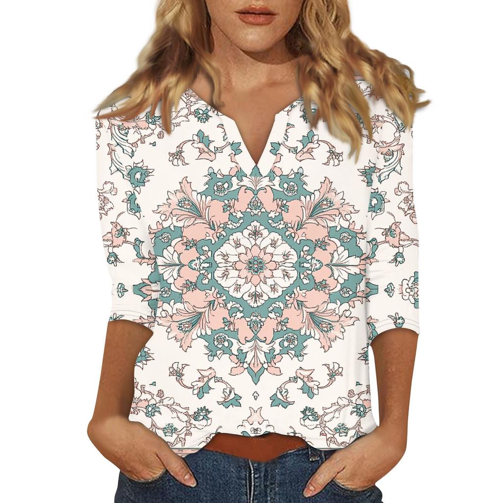 Women's Stand Collar 3/4 Sleeve Printed Top T-shirt