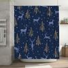 Modern Christmas Shower Curtain with Elk Pine Tree Design Waterproof Fabric for Bathroom Decorations Navy Blue + Gold Pattern