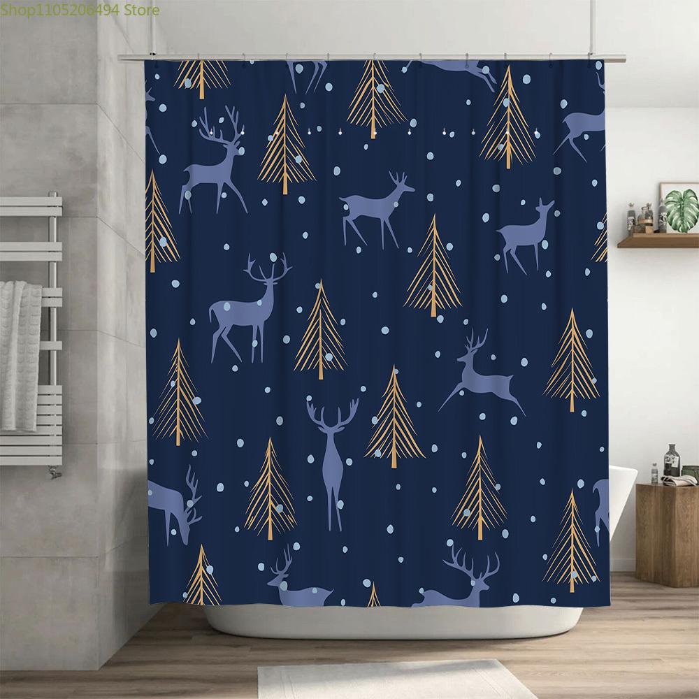 Modern Christmas Shower Curtain with Elk Pine Tree Design Waterproof Fabric for Bathroom Decorations Navy Blue + Gold Pattern