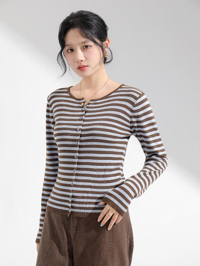Wool Round Neck Slimming Cardigan: Versatile Women's Long Sleeve Knitwear for Autumn Fashion.
