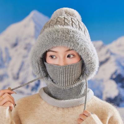 Bonnet Tricoté Femme Coupe-Vent Design Isolé Bonnet d'Hiver avec Pompon Texture Unique 3-en-1 Bonnet Épaissi Cache-Visage Écharpe