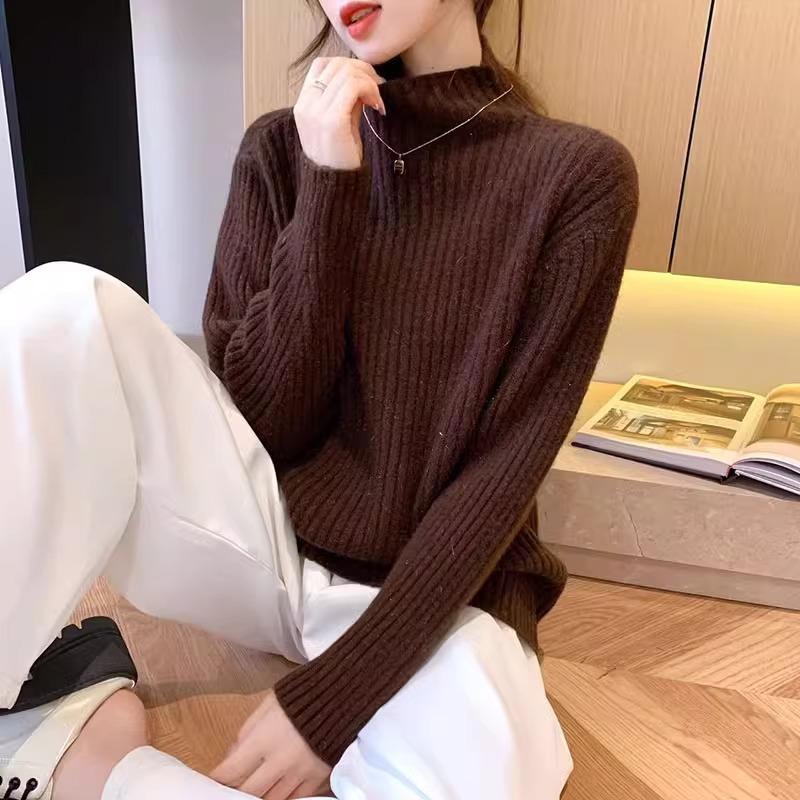 Autumn and Winter Foreign Style Versatile Pit Strip Design Knitted Sweater Solid Color Outer Wear Loose Semi-turtleneck Bottoming Sweater Women's