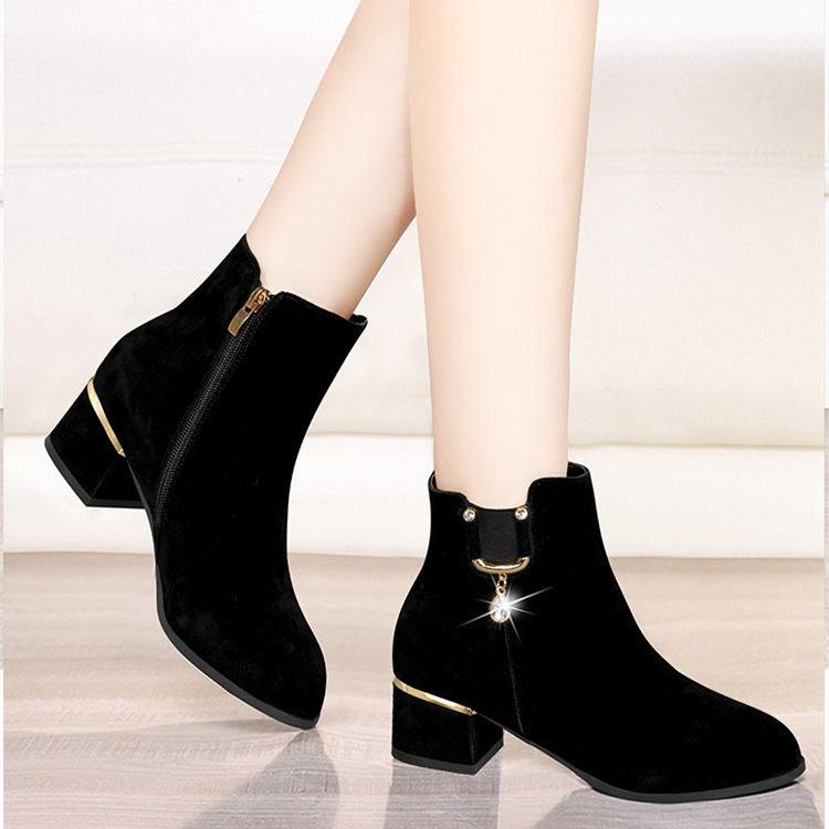 Fashion Women's Autumn and Winter Boots Rhinestone Single Boots Thick Heel Mid-heel Short Boots Frosted Winter Plus Velvet