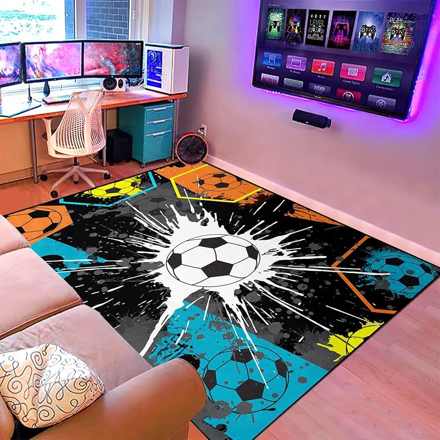 Soft Cozy Graffiti Soccer Ball Printed Area Rug Non Slip Washable Floor Mat for Kids Room Bedroom Boys Sports Themed Home Decor