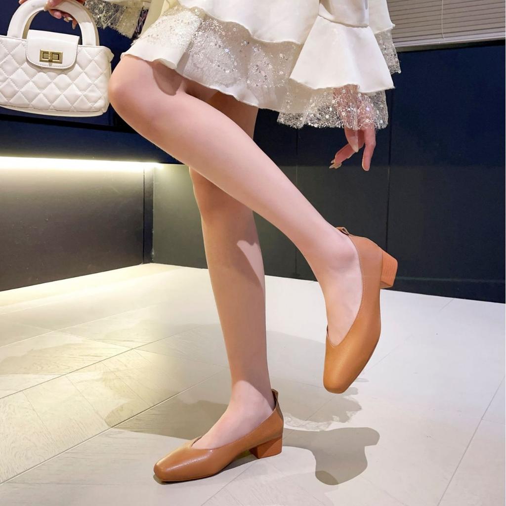 Leather 3.5cm thick heel middle heel single shoes women's spring and autumn new French square head professional work non-grinding feet grandma shoes