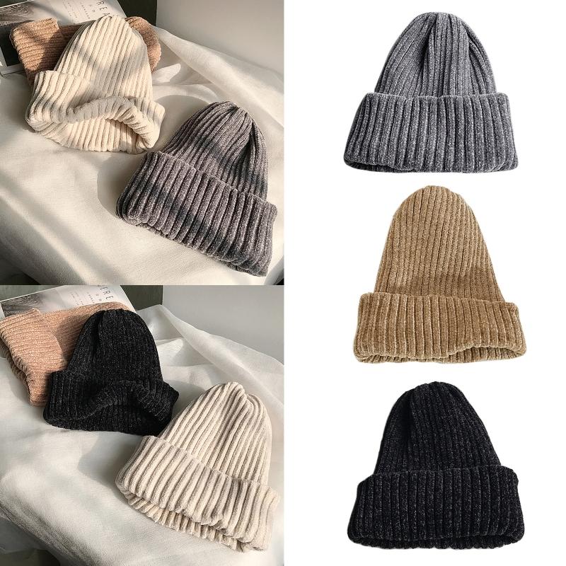 Klassische Damen Chenille Samt Wintermütze Retro Beanie Mütze Vintage Gerippt Gestrickt Fischer Hip Hop Einfarbig Sturmhaube