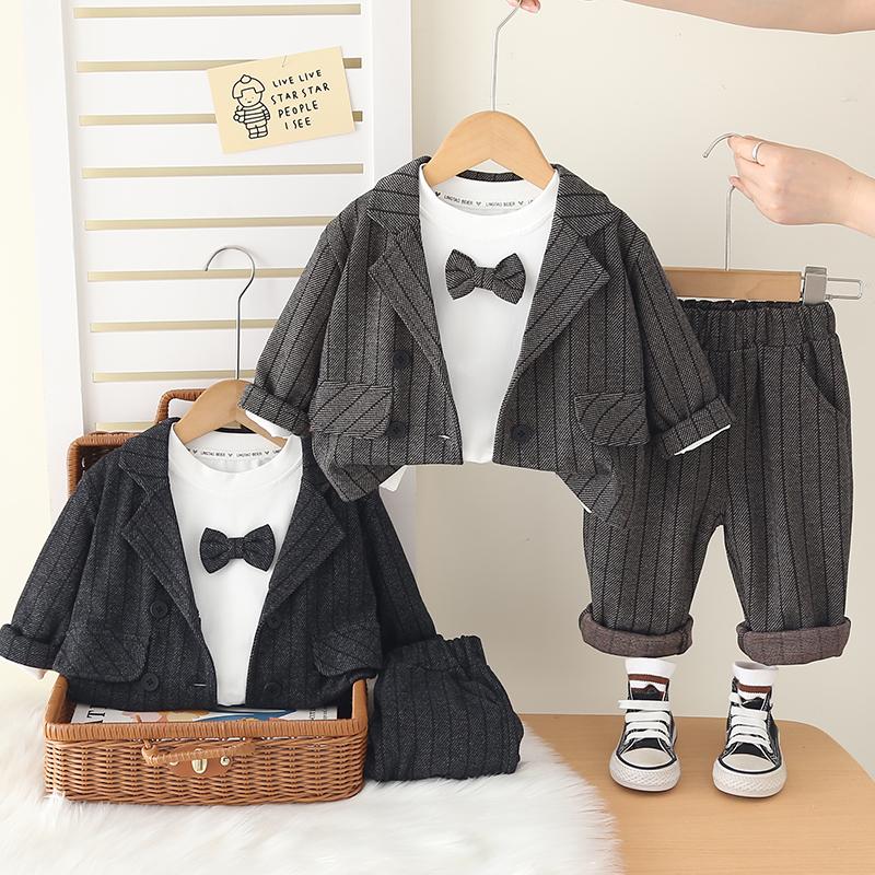 Boys' Long Sleeved 3-piece Set, Children's Striped Suit Set, Boys' Fashionable and Handsome Clothes