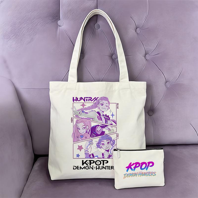2pcs KPop Demon Hunter Handbag Coin Purse Girl Bag Shopping Canvas Shopper Tote Wallet Shoulder Lady Bags Women Gift Kid Friendly Entertaining Fun