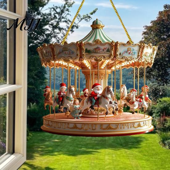 Holiday Party Decorations Christmas Santa Claus Carousel/Snow Cottage Hanging Ornament, Double-Sided Winter Festival Ornaments Acrylic Pendant