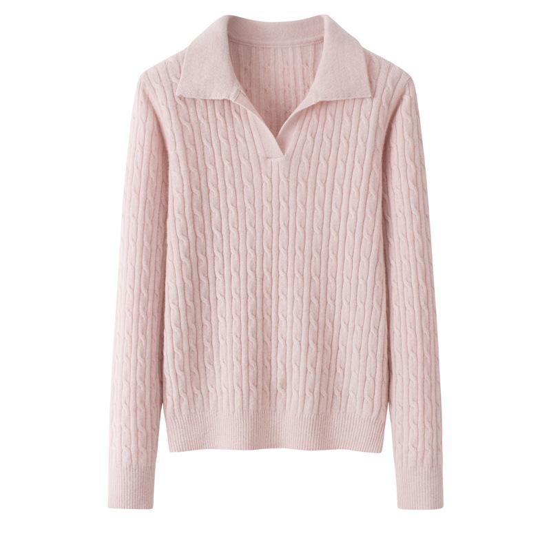 Women's 100% Pure Cashmere Cable Knit Lapel Sweater - Slimming and Versatile Pullover