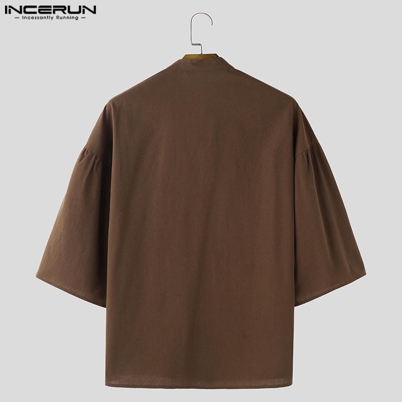 INCERUN Vintage Oversized Men Stand V Neck 3/4 Sleeve Casual Loose T-shirts