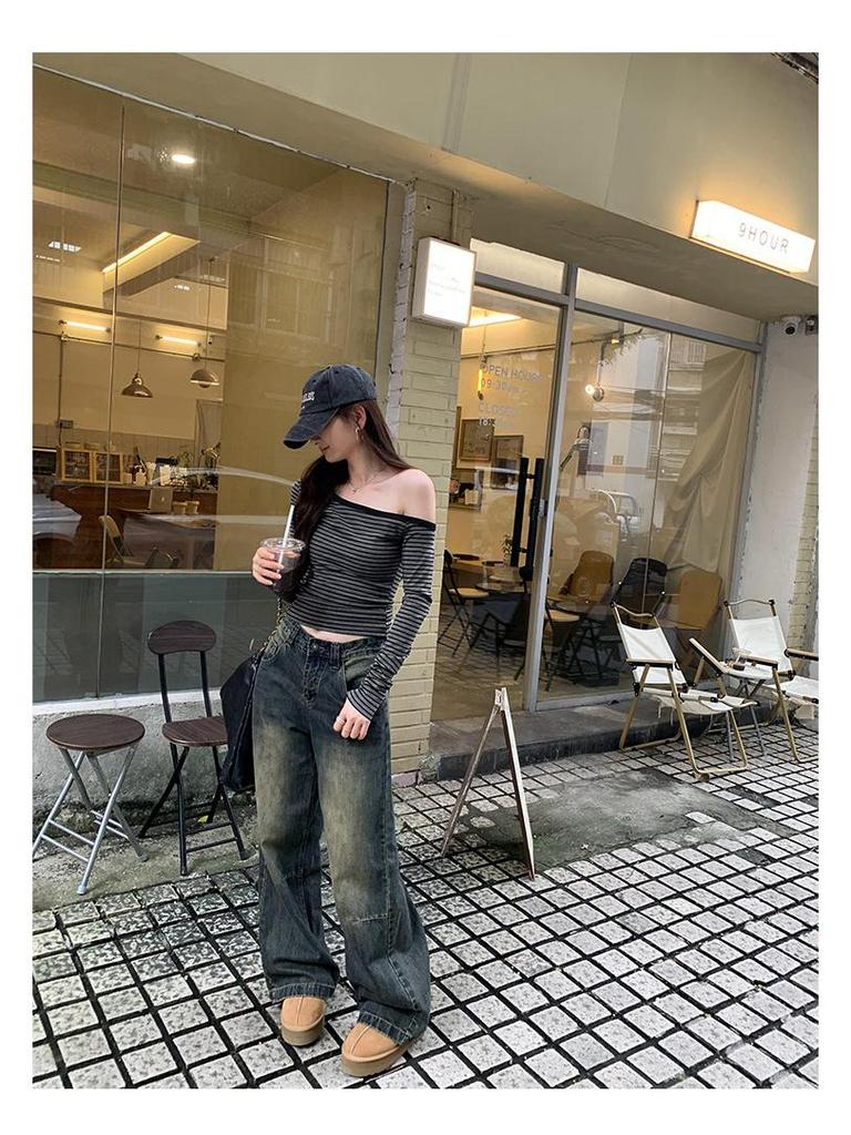 Chic Gray Striped One-Shoulder Long-Sleeve T-Shirt - Women's Autumn Korean Style Slim Fit Off-Shoulder Top