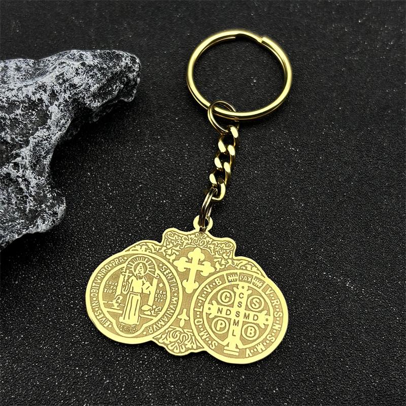 Medaglia della Croce di San Benedetto Santo Cattolico Portachiavi per Donne Uomini Acciaio Inossidabile Colore Oro Religioso San Benito Portachiavi Gioielli