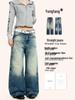 Yongfang American Retro Deep Blue Jeans: Unisex Casual Loose Fit, Cat Whiskers Design, Wide Leg, Straight Long Pants.