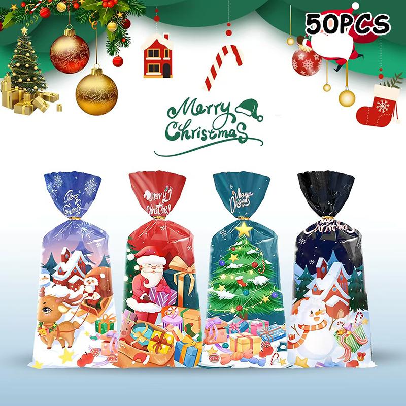 50 stk God Jul Cellofanposer med Twistbånd Jul Klar Cellofan Godteri Gaveposer Nyttårsaften Julefestdekorasjon