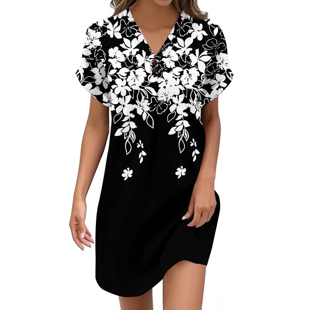 Women's V-neck Vintage Floral Print Pullover Casual Button Dress