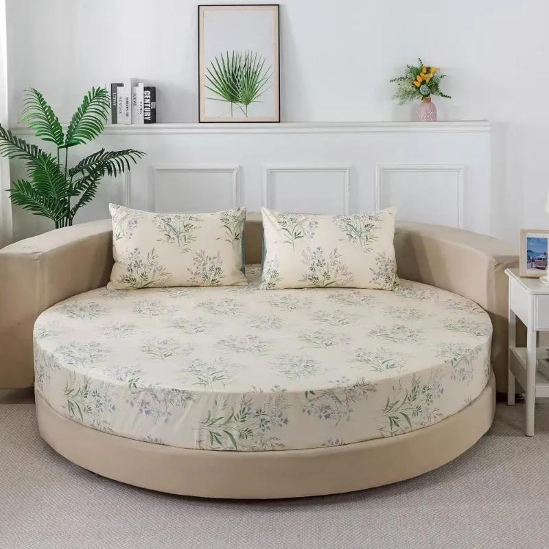 3 Pezzi Lenzuolo con Angoli in Cotone con Elastici Biancheria da Letto per Coprimaterasso Rotondo Tinta Unita Misura Queen Copriletto con Federa