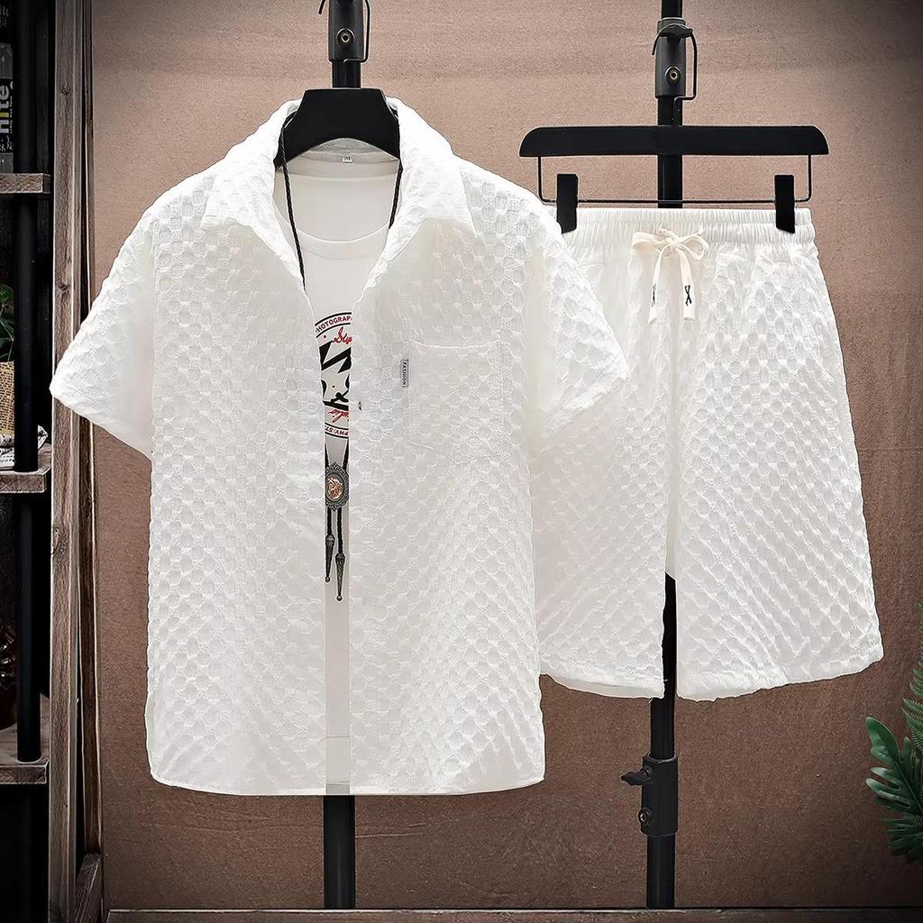 Men's Trendy Summer Ice Silk White Short-Sleeve Shirt and Five-Point Shorts Sports Casual Set