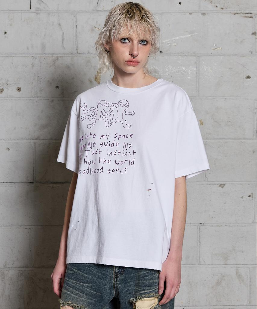 HOODHOOD Three Alien Damaged Short Sleeve T-Shirt White Ver. 2
