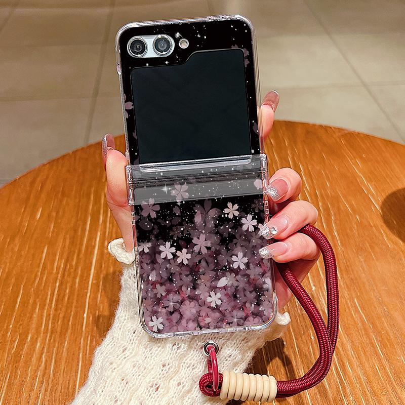 

Cherry Blossom Lanyard Phone Case For Samsung Galaxy Z Flip 7 FE 6 5 4 3 5G Folding Hard Clear Cover For Samsung Z Flip7 Flip6 Galaxy Z Flip7