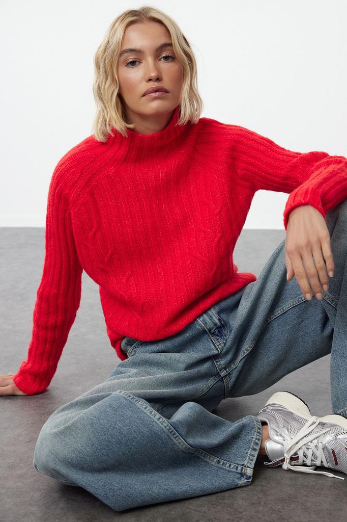 Women's Fashionable Stylish Sweater Blue Soft Textured Knit Detailed High Collar Seamless Knitwear Sweater