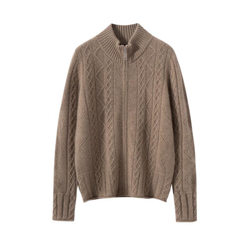 Women's 100% Cashmere Cable-Knit Cardigan Coat – Long Sleeve, Half High Neck, Zip Closure, Loose Fit