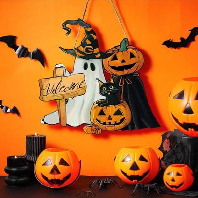 1pcs New Front Door Halloween Welcome Sign Pumpkin Skeleton Wreath Wooden Halloween Party Decoration