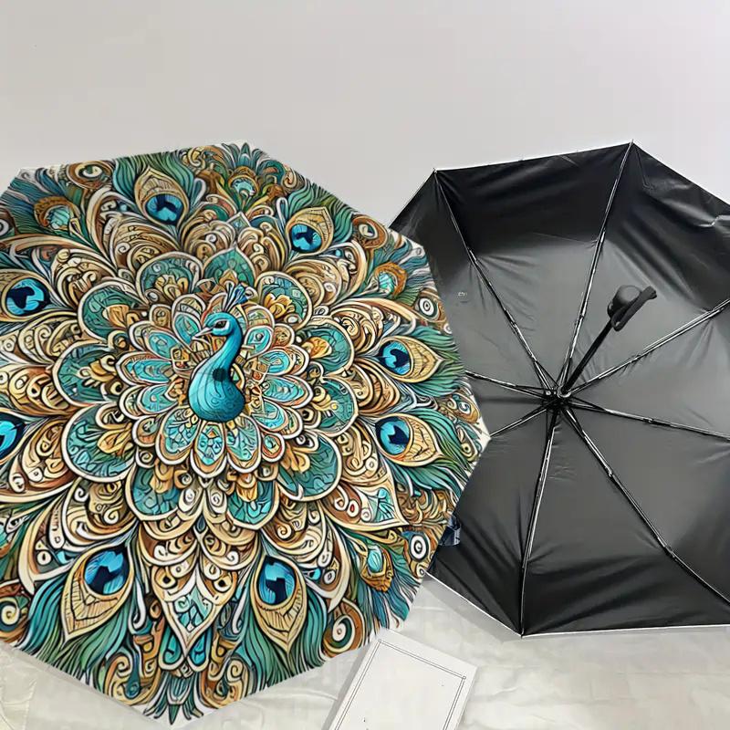 Peacock Feather Mandala Automatic Opening Folding Umbrella - 8 Bone Iron Frame, Suitable for Fans, Travel, Daily Use, Gift for Outdoor Enthu