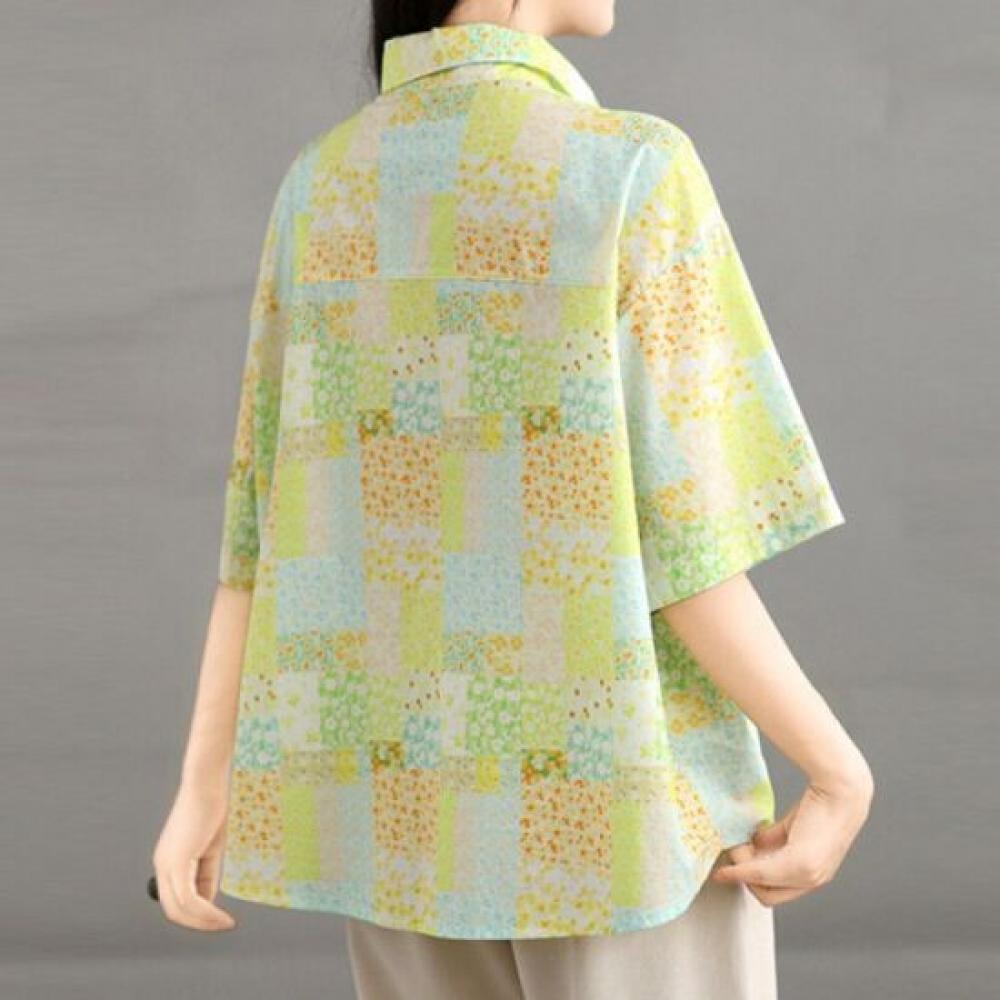 Navava Women Retro Pattern Loose Fit Short Sleeve Shirt Nb2661