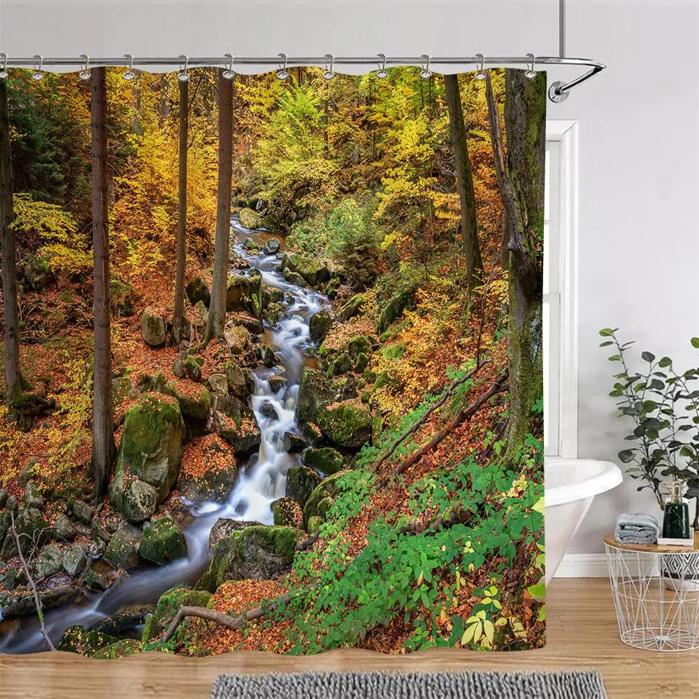 Beautiful Autumn Landscape Shower Curtain Forest Lake Fire Red Golden Leaves Nature Landscape Fabric Bath Curtain Bathroom Decor
