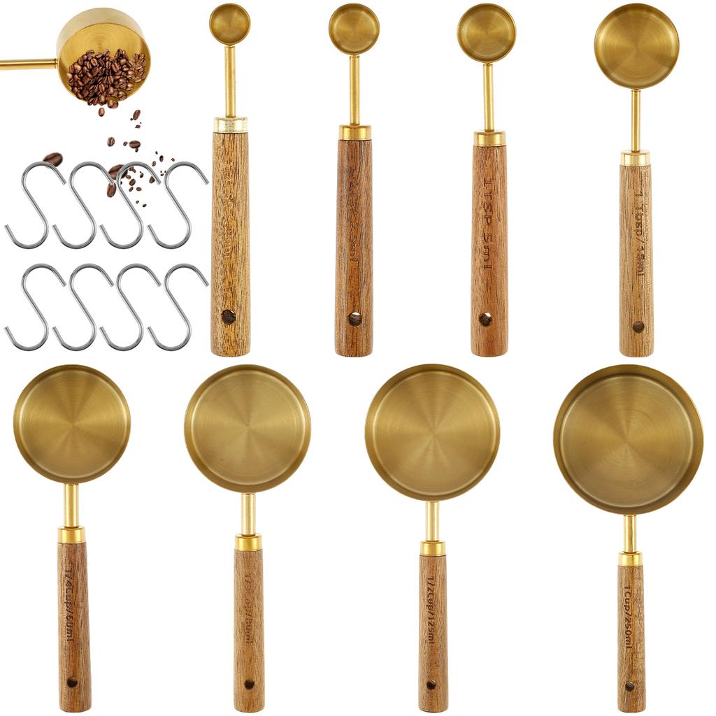 8 Pcs Stainless Steel Measuring Cups Spoons Wooden Handle Coffee Measuring Spoon Set Gold Measure Cup Baking Tools for Kitchen