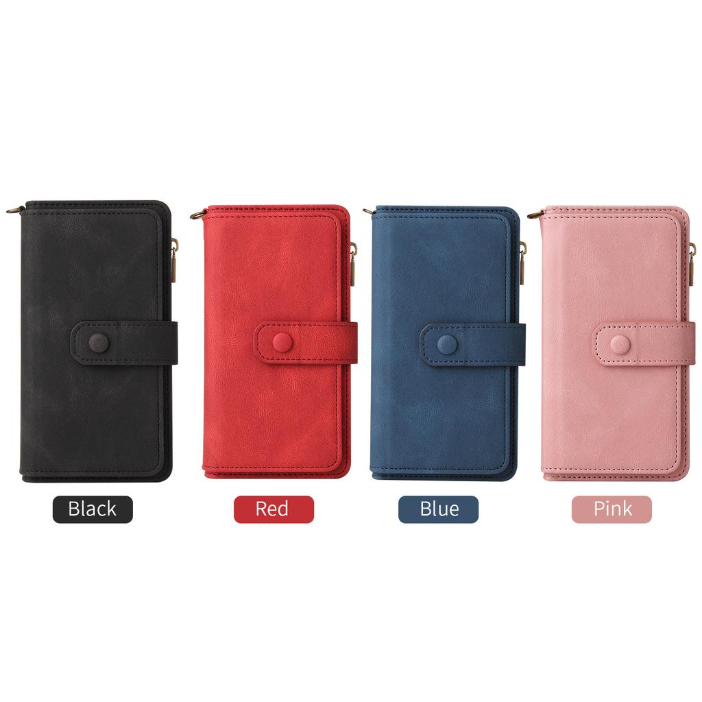 Applicable iPhone16 Leather Case 17Plus Skin Sense Scrub 15 Card Zipper Wallet Case Google 9Pro Solid Color