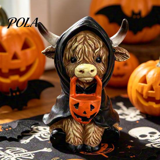 Decorative Pumpkin Cow Statue Highland Halloween Decor, Funny Resin Ghost Figurine for Home Mantel Decorations Office Tiered Tray Table Desk
