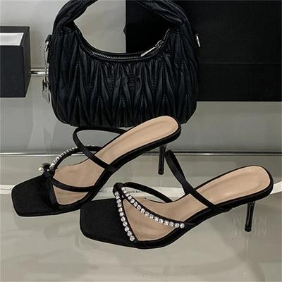 New Summer Crystal Diamond Narrow Band Square Toe Women Slippers Fashion Thin Heels Stripper Party Slide Shoes