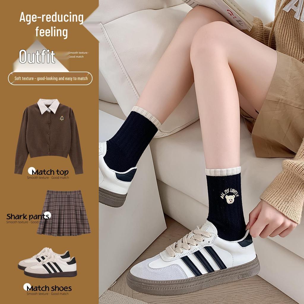 Women's Mid-Calf Cotton Socks - Embroidered Little Bear, Autumn & Winter, Breathable & Skin-Friendly Casual Socks
