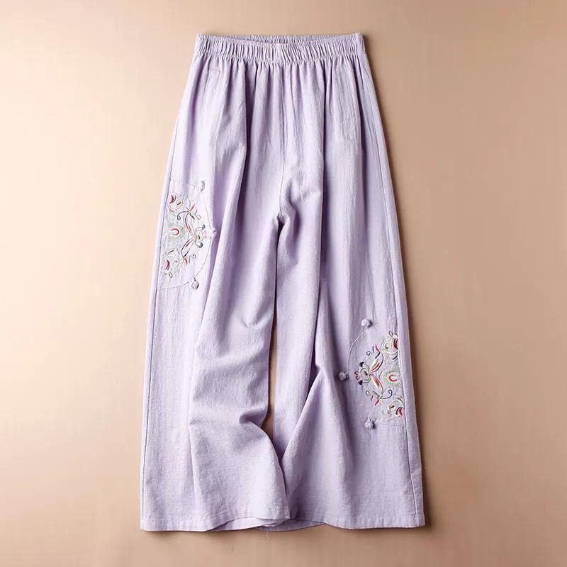 Summer Ladies Cotton Linen Casual Pants Retro Ethnic Wind Embroidered Wide-legged Pants Thin Nine-point Pants