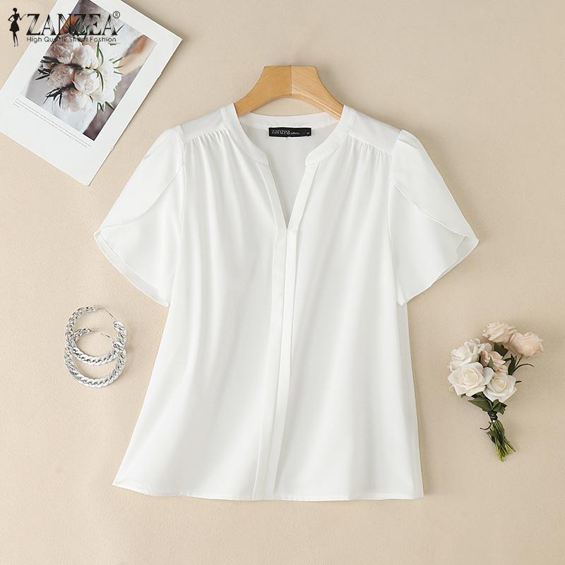 ZANZEA Women Summer V-Neck Short Sleeve Solid Color Casual Blouse