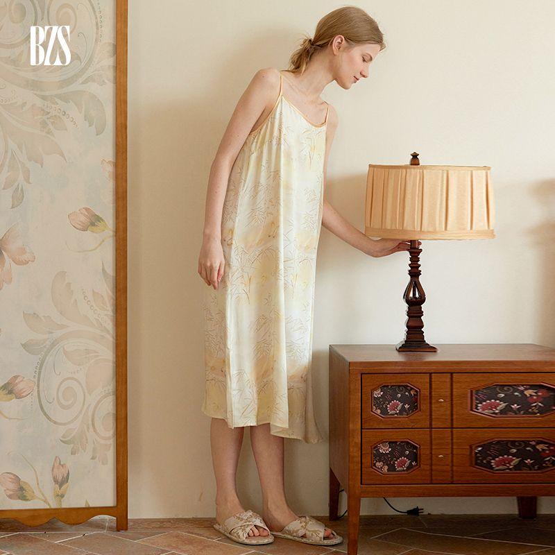 

24 Summer Rayon Satin Bamboo Shadow Print Pajamas Home Dress Slim Fit Inner Wear Sexy Temperament Pure Desire Suspender Dress Sling Nightgown XL [recommend 67.50 kg-77.50 kg]]