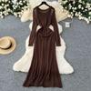 Korean Hollow Crochet Knitted Dress Women's Waist and Thin Long-sleeved Skirt with Bottom Suspender Skirt Two-piece Set