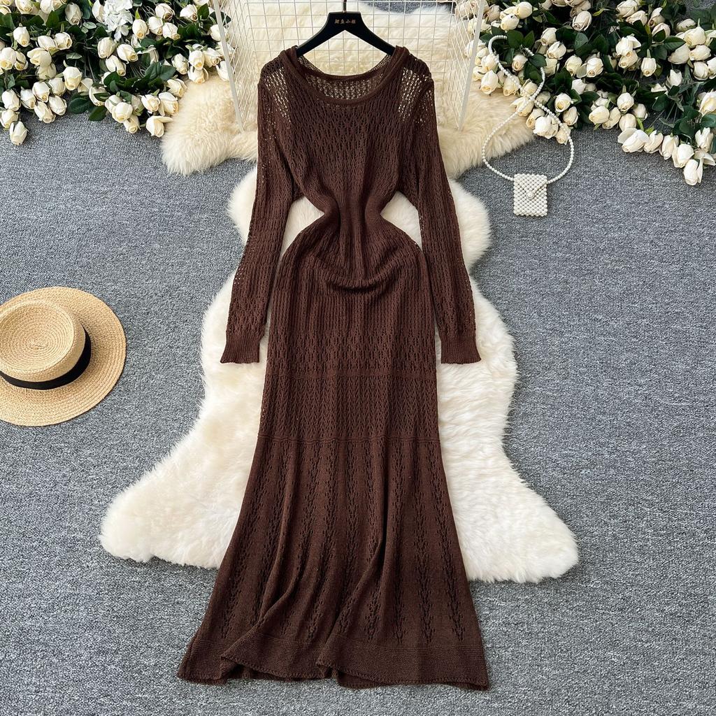 Korean Hollow Crochet Knitted Dress Women's Waist and Thin Long-sleeved Skirt with Bottom Suspender Skirt Two-piece Set