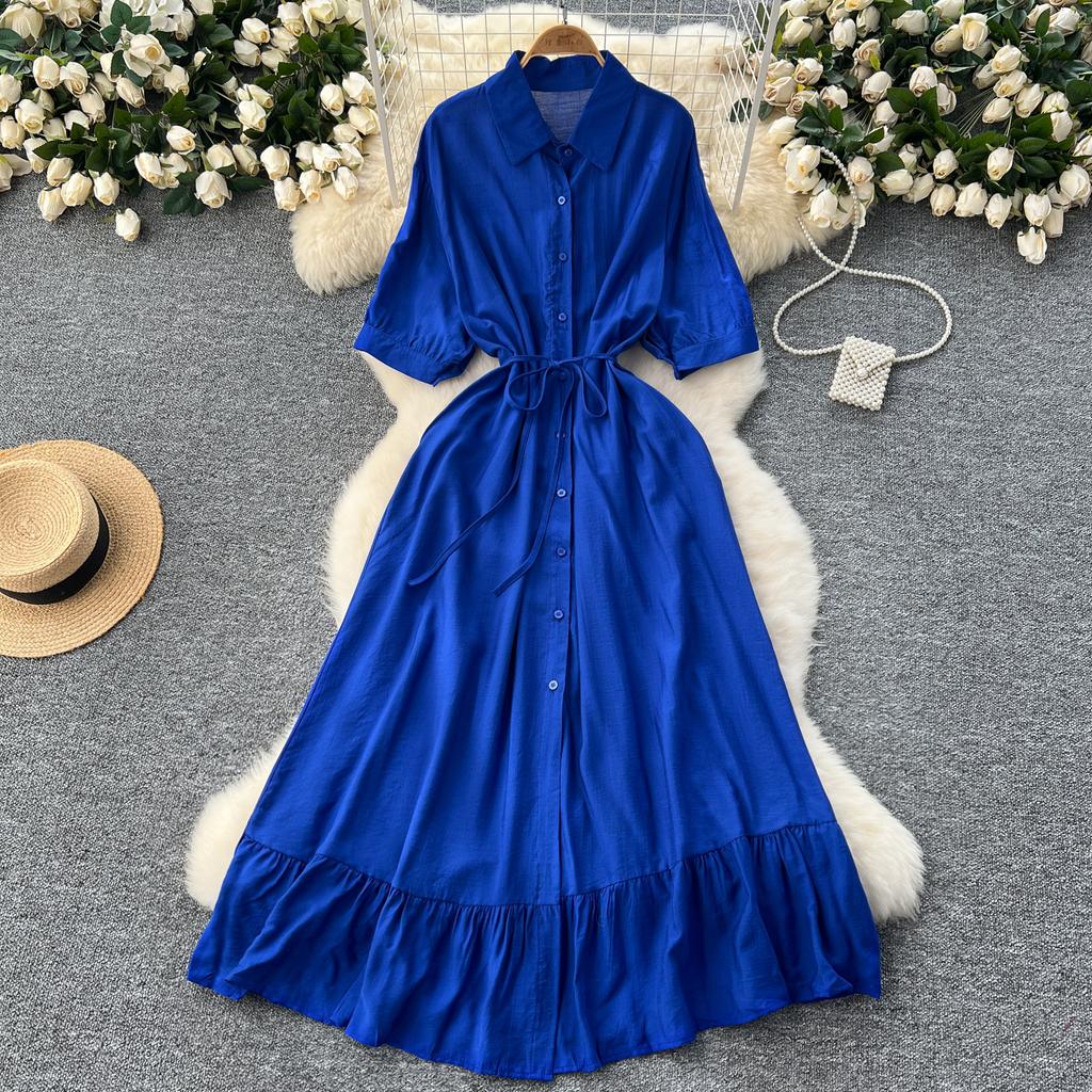 Sexy Chic Polo-Neck Single Breasted Ruffle Dress Elegant Korean Fashion Slim Summer Vintage Sweet Dresses