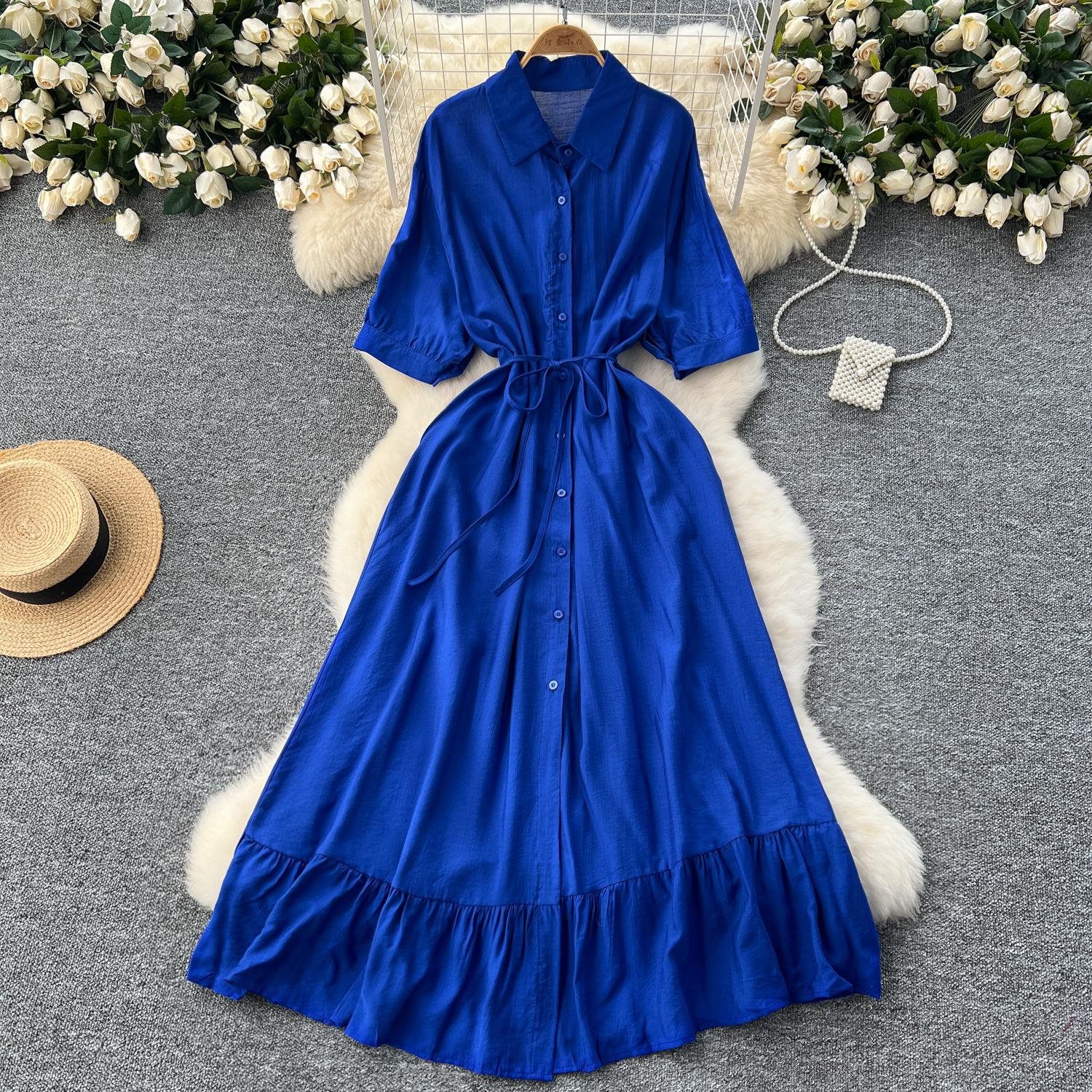 

Сексуальное шикарное однобортное платье с рюшами и воротником-поло, элегантное корейское модное облегающее летнее винтажное милое платье One Size синий